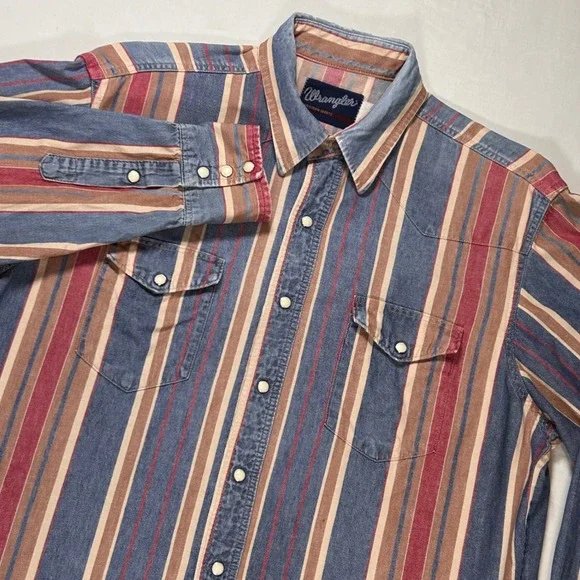 Wrangler Mens Western Brushpopper Shirt Striped Long Sleeve Pearl Snap VTG - Picture 1 of 9